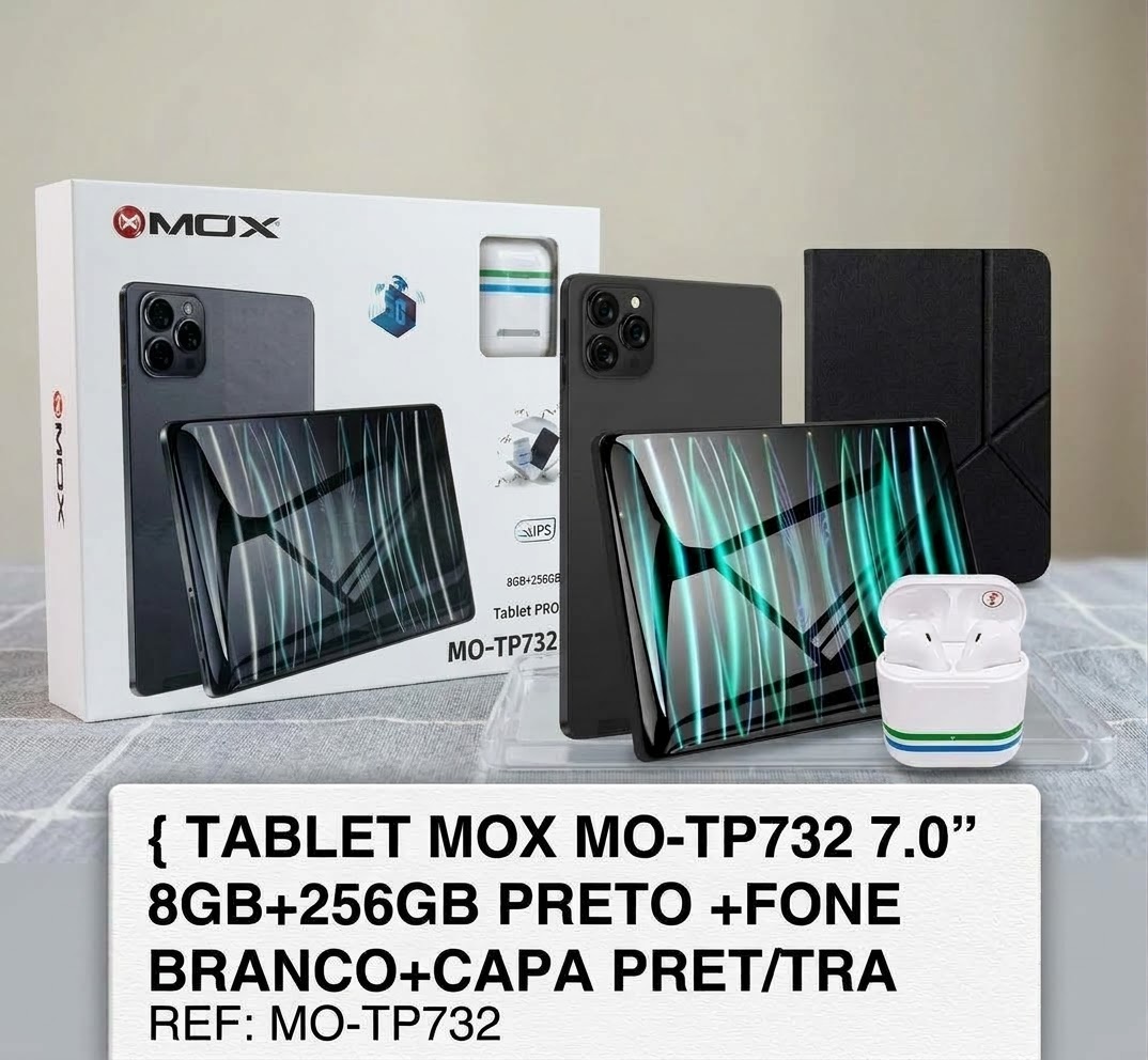 Tablet Mox MO-TP732 7.0¨ 8GB+256GB PRETO +FONE BRANCO+CAPA PRET/TRA