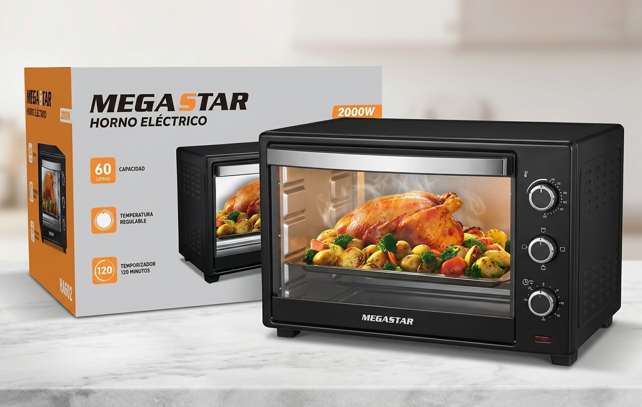 Horno Electrico Megastar HA602 60 LITROS 220V/50HZ 0RETO/SILVER