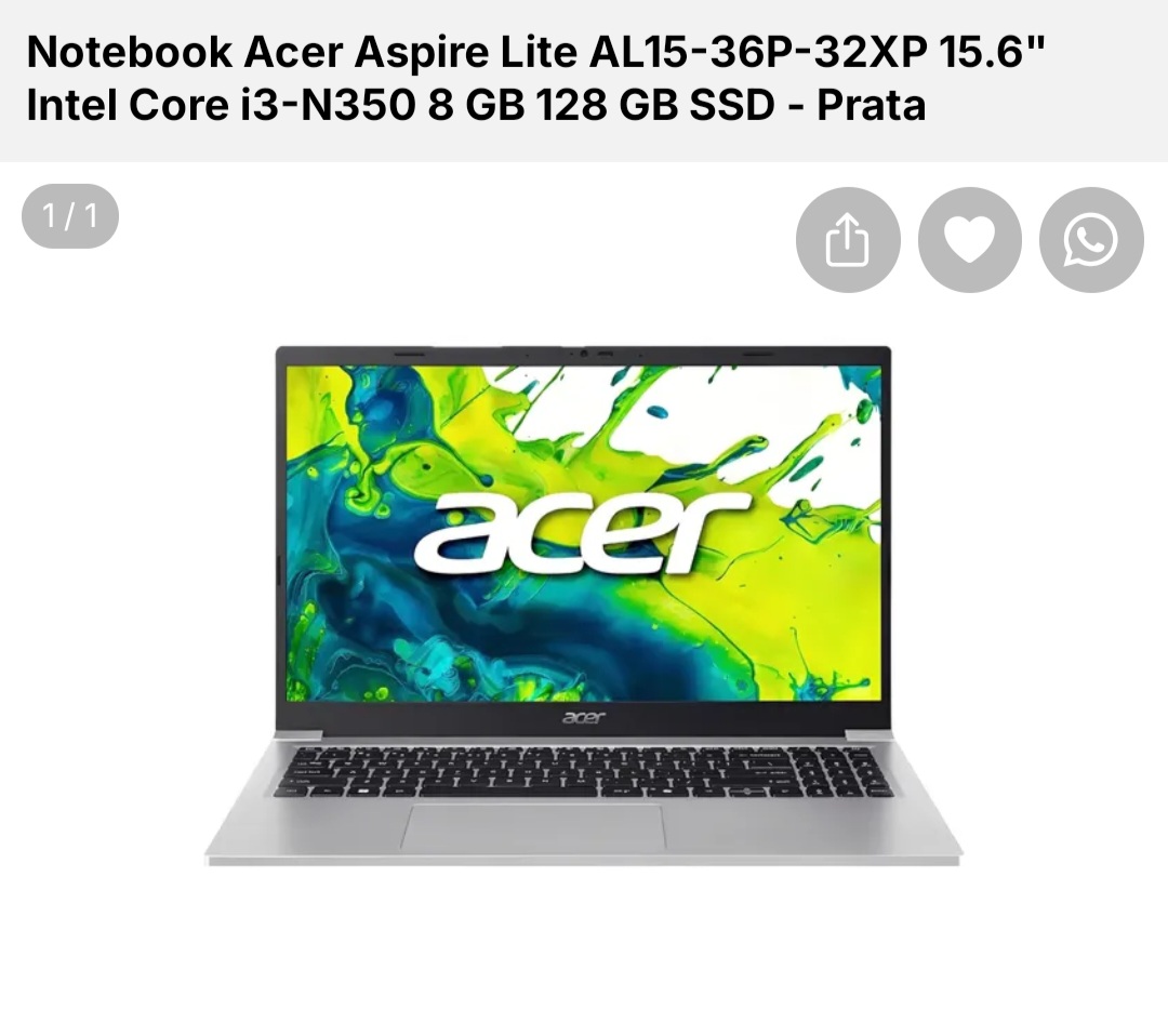 Notebook Acer Aspire Lite AL15-36P-32XP Intel core 3 1.8GHz/ Memoria 8GB/ SSD 128GB/ 15.6"/ Windows 11